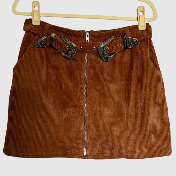 Signature8 Brown Corduroy Mini Skirt with Western Belt Size Large - Picture 1 of 10